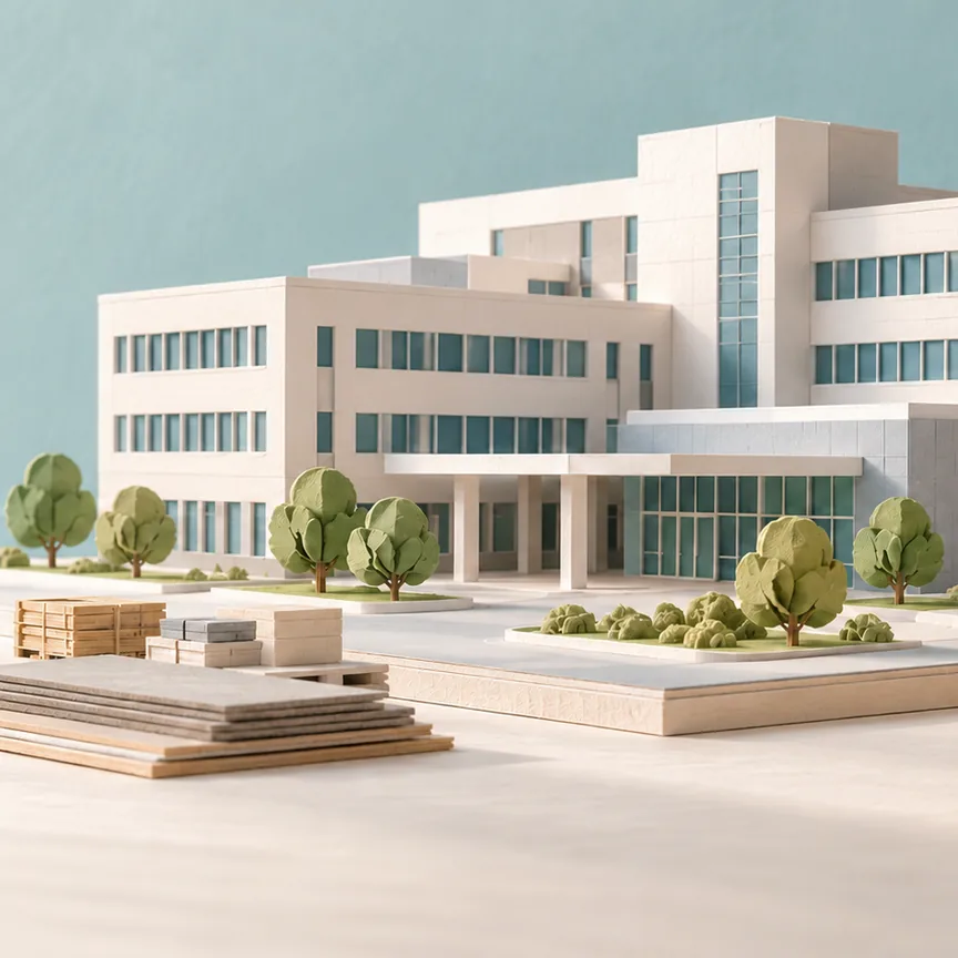 Ilustrație cu o machetă generică de spital în construcție și o cască de protecție.
